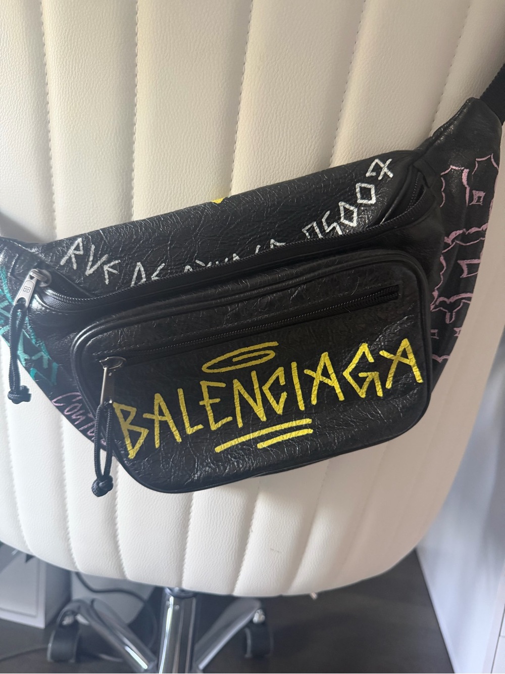 Balenciaga Black Leather Graffiti Belt Bag with Yellow Logo